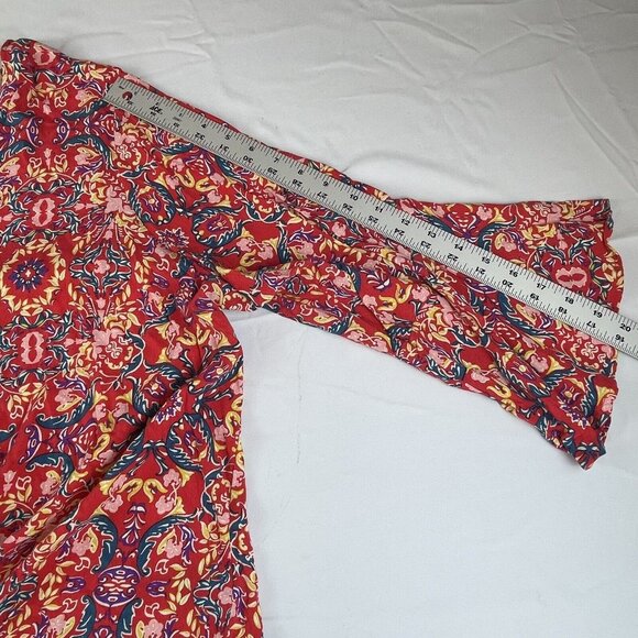 Torrid Womens Sz 3 3X Red Paisley Lenny Tie Front Bell Sleeve‎ V-Neck Boho Slub - Picture 8 of 15